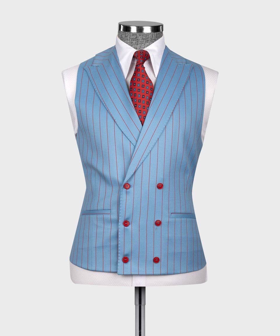 A light blue double-breasted pinstripe waistcoat displayed on a white mannequin torso, styled with a white dress shirt and a red patterned tie against a light gray background.