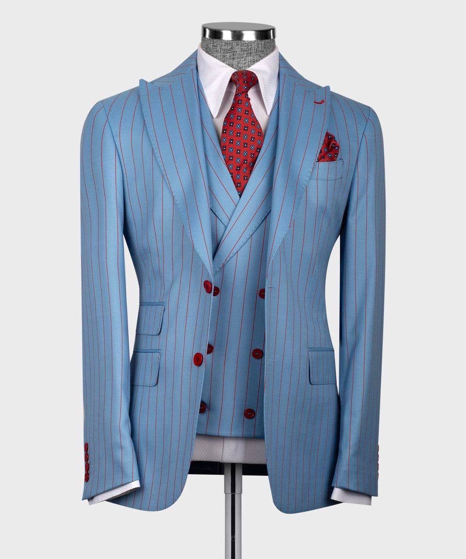 A men's double-breasted suit jacket and matching vest in light blue with thin red pinstripes, styled on a mannequin with a white dress shirt, red patterned tie, and matching pocket square against a light gray background.