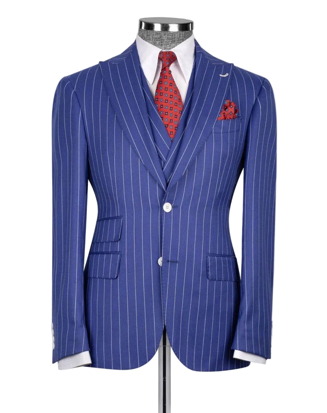 A blue pinstripe suit jacket displayed on a mannequin torso, styled with a white dress shirt, a red patterned tie, and a matching pocket square against a light gray background.