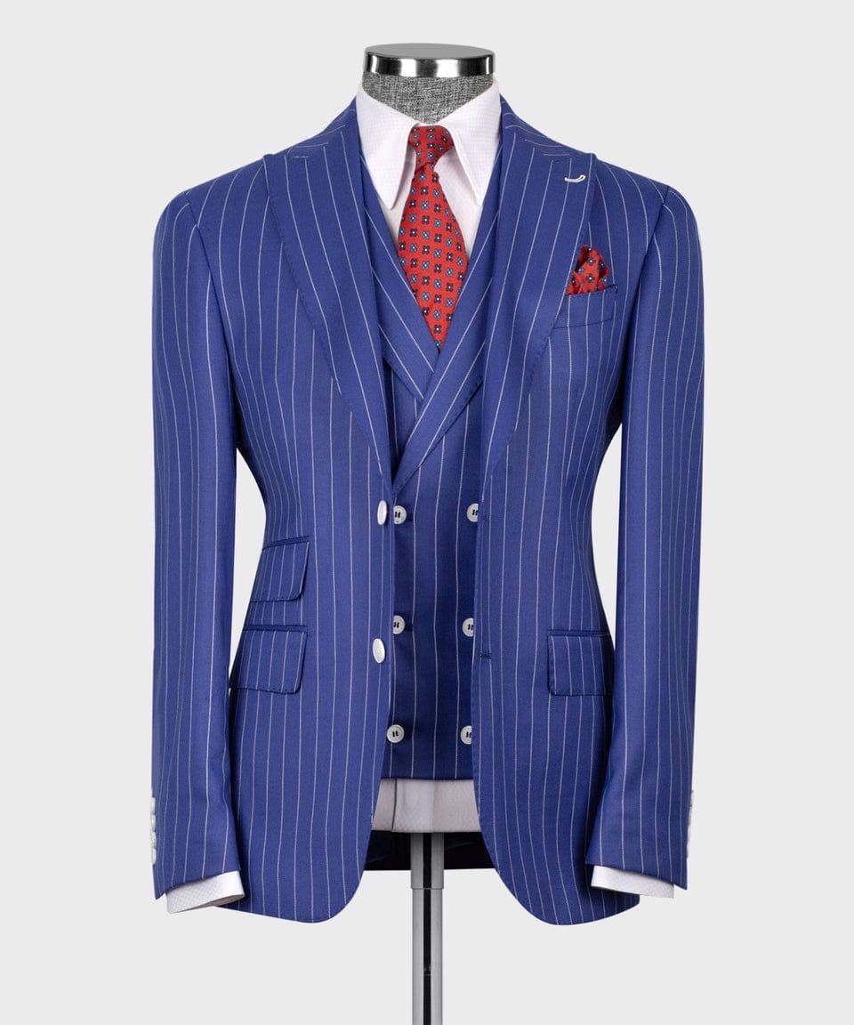 A blue three-piece suit with thin white pinstripes, displayed on a mannequin torso. The set includes a double-breasted jacket, a matching vest, and a white dress shirt.