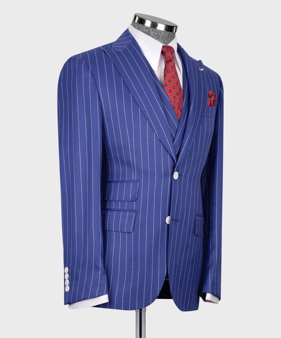 A blue pinstripe suit jacket displayed on a mannequin torso, styled with a white dress shirt, a red patterned tie, and a matching red pocket square against a light gray background.