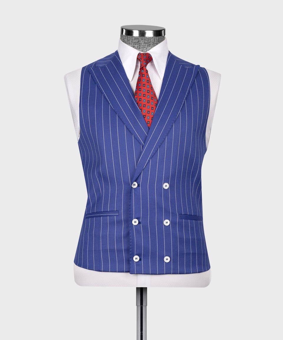 A blue double-breasted pinstripe waistcoat displayed on a white mannequin torso, styled with a white dress shirt and a red patterned tie against a light gray background.