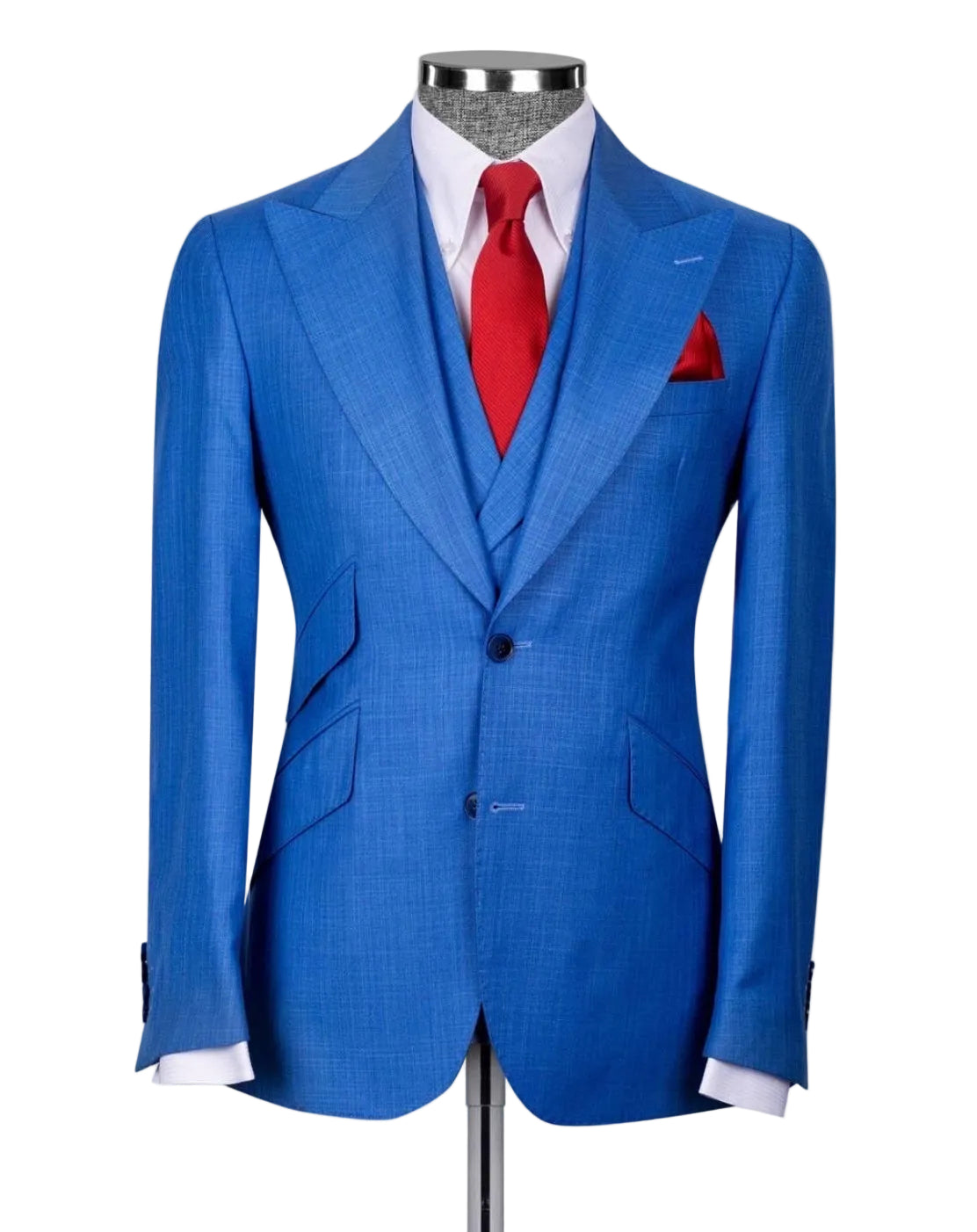 A men's blue textured two-piece suit displayed on a mannequin, styled with a white dress shirt, a red tie, and a matching red pocket square against a light gray background.