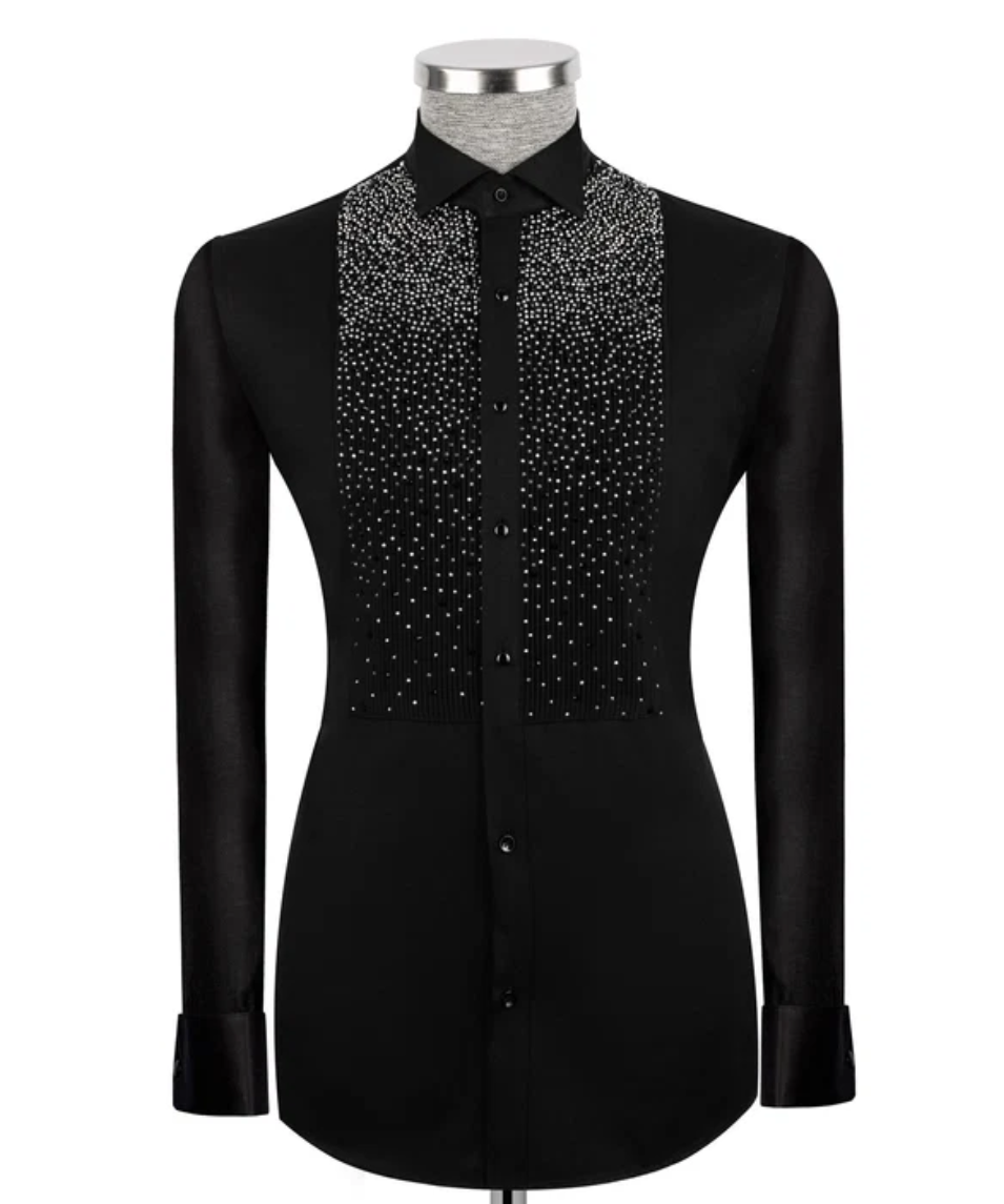 Black Embellished Tuxedo Shirt