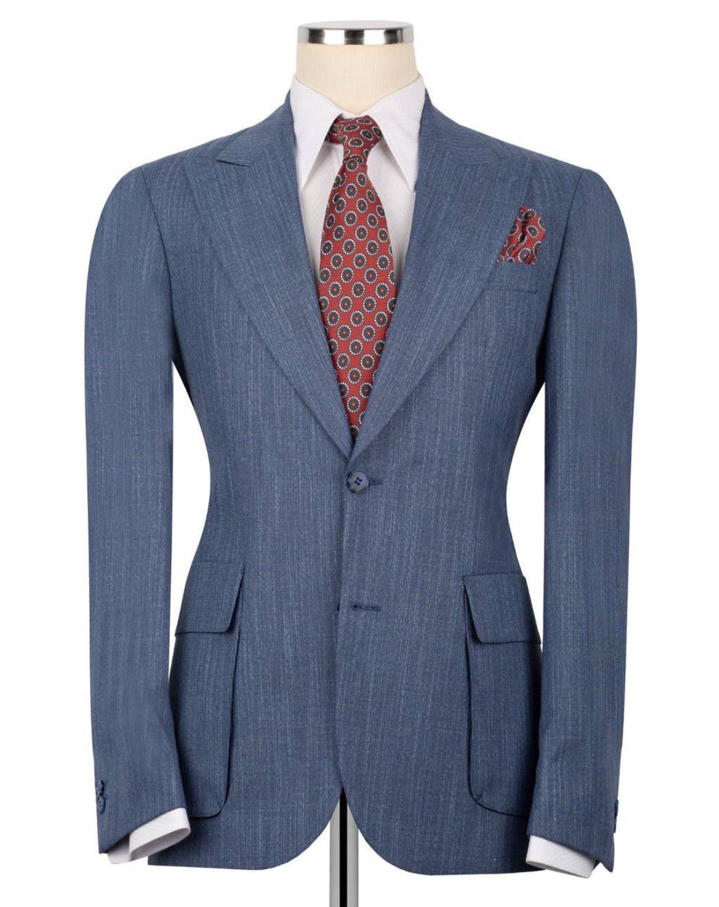 A blue pinstripe suit jacket displayed on a mannequin torso, styled with a white dress shirt, a red and blue patterned tie, and a matching pocket square against a plain white background.