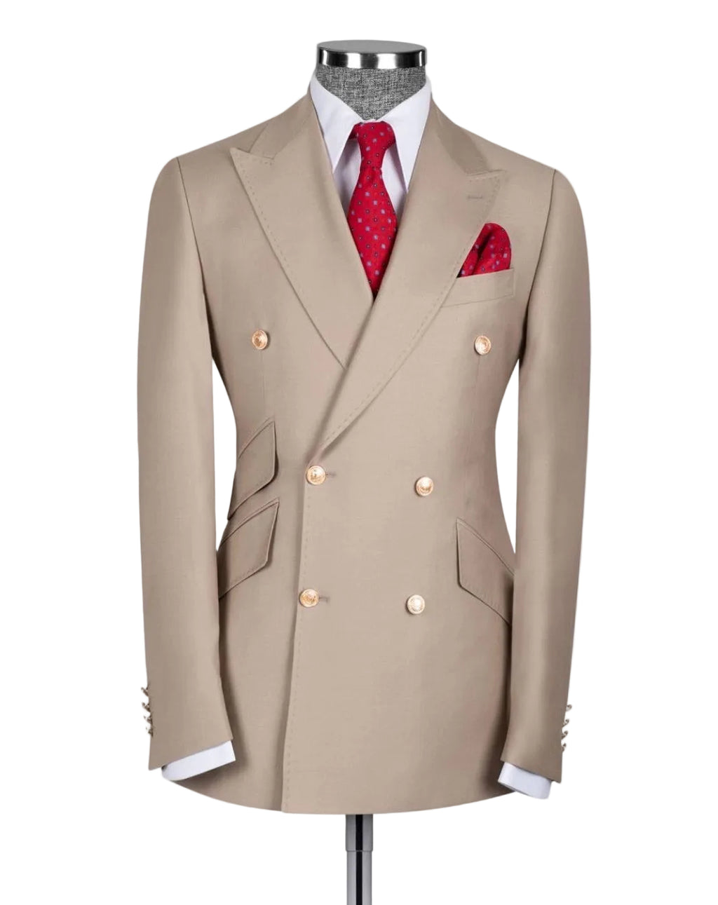 A beige double-breasted suit jacket displayed on a mannequin torso, styled with a white dress shirt, a red patterned tie, and a matching red pocket square 