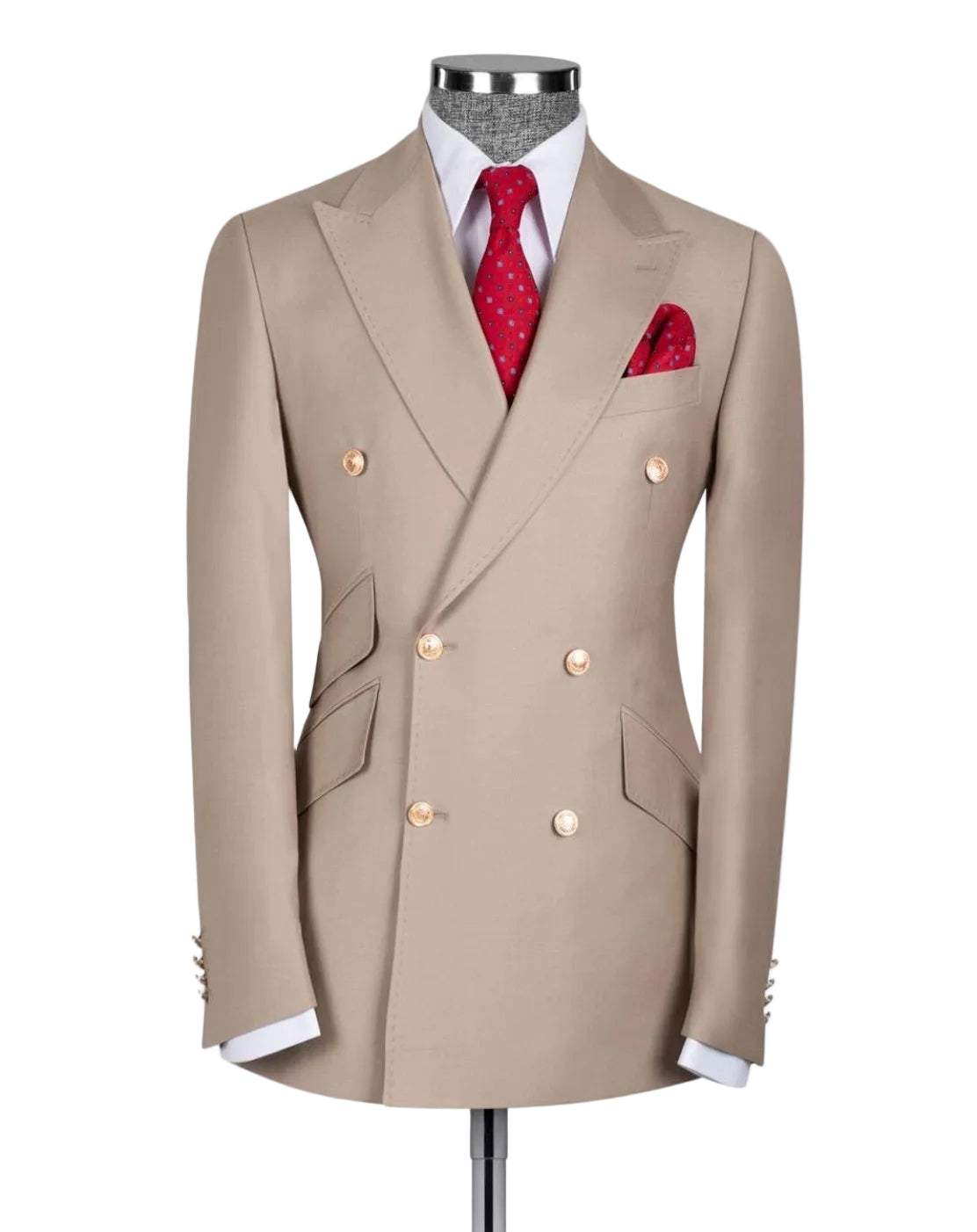 A beige double-breasted suit jacket displayed on a mannequin torso, styled with a white dress shirt, a red patterned tie, and a matching red pocket square 