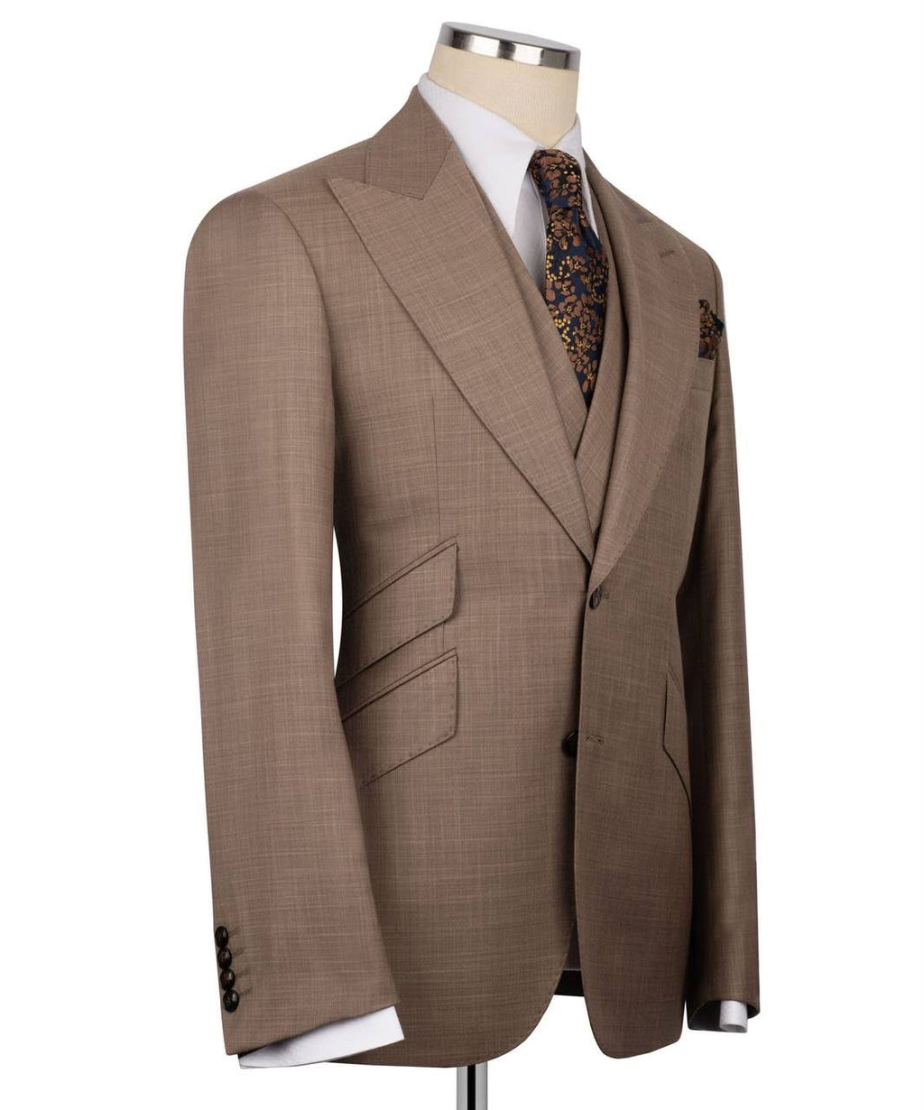 Brown suit jacket on a mannequin with a white background