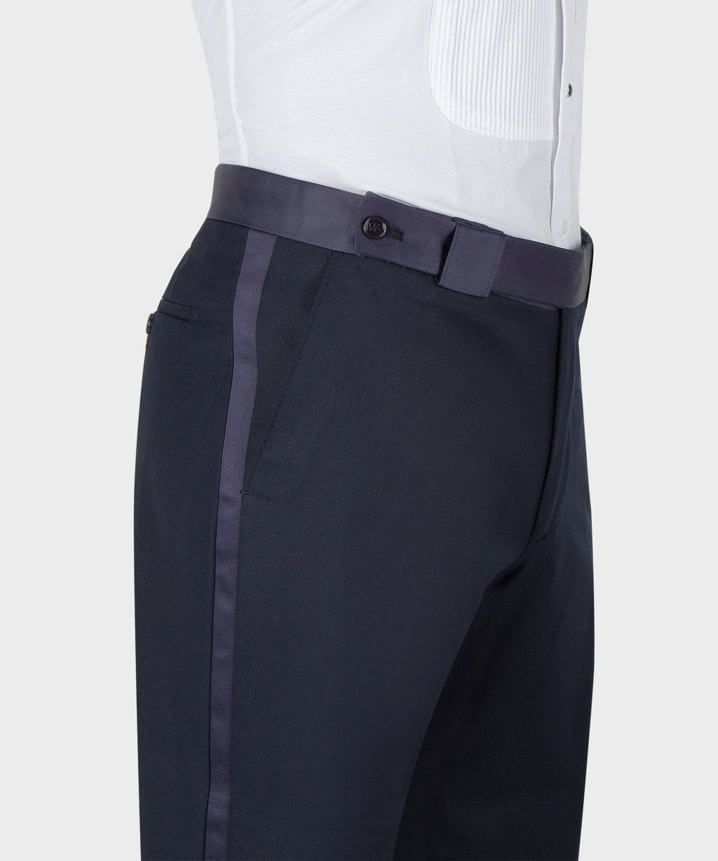 Navy tuxedo trousers with adjustable tab, flat front and side seam details