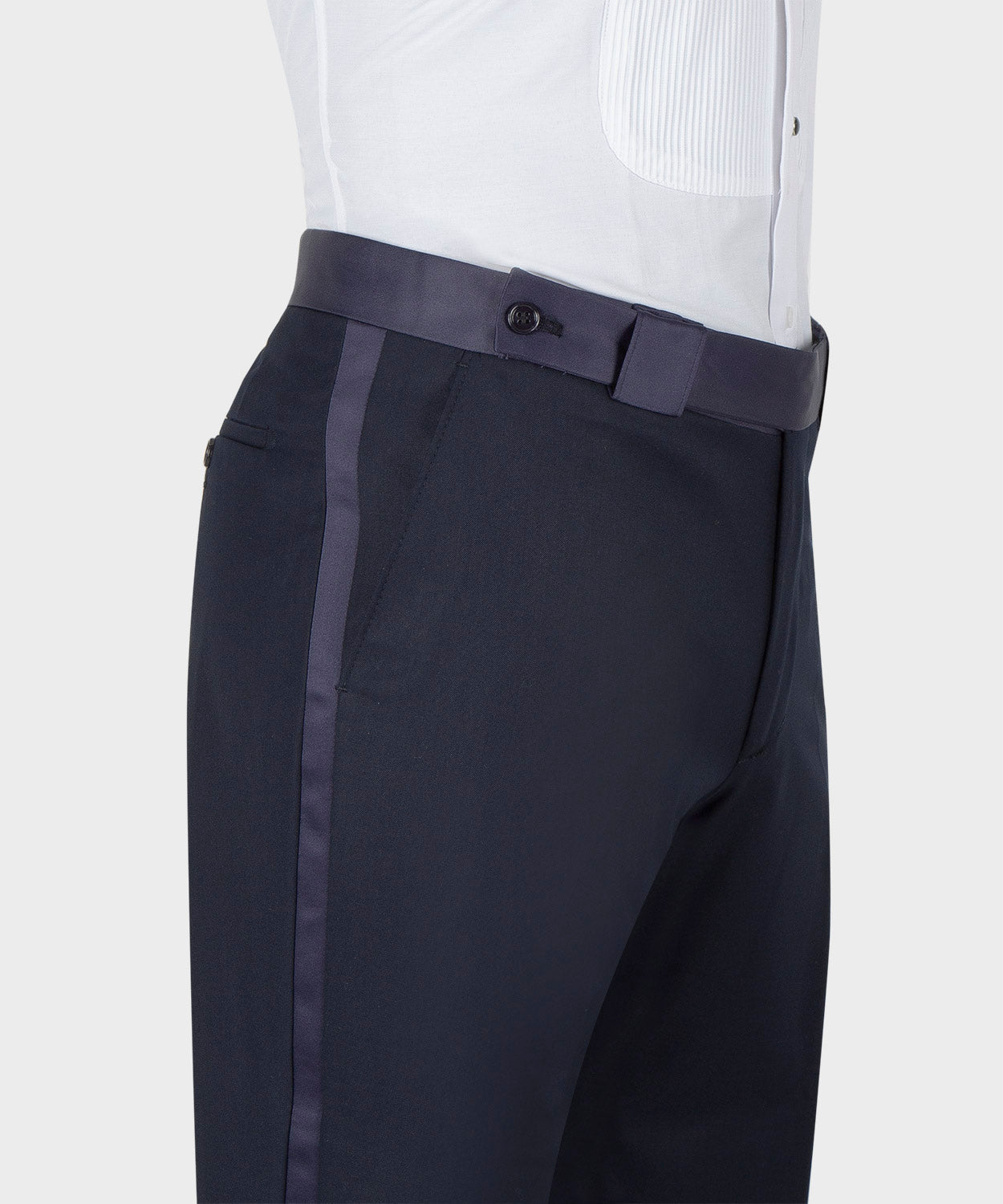 Navy tuxedo trousers with satin side stripe, waistband tab and front button