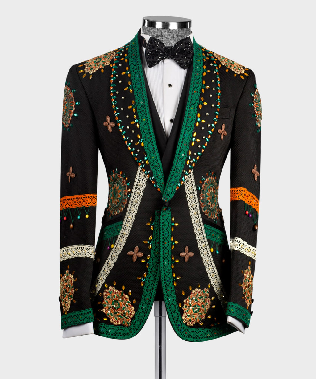 Black tuxedo jacket with green satin lapels and ornate crystal-embroidered motifs