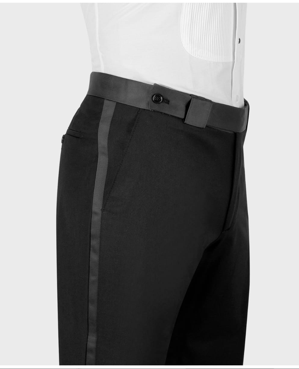 Black tuxedo trousers with front pleats and side stripe detail