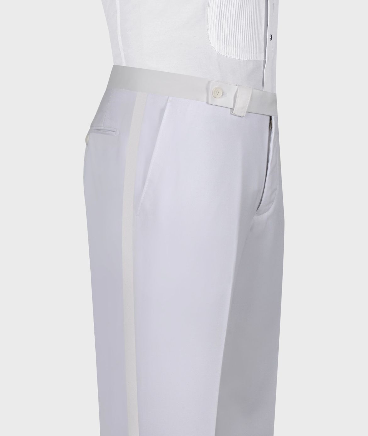 White tuxedo trousers with front button closure and side pockets