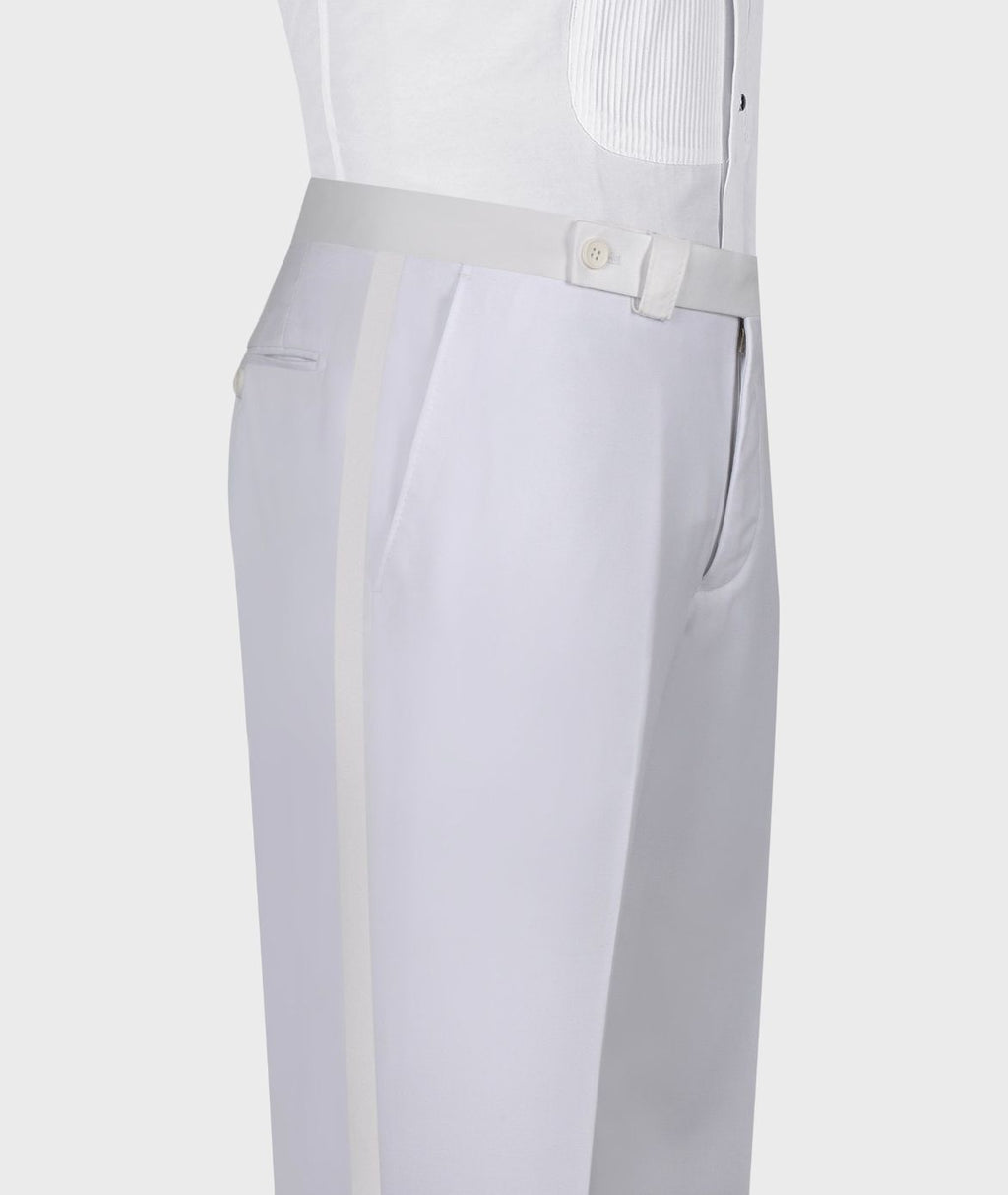 White tuxedo dress pants with pleated waistband, button closure, straight leg fit.