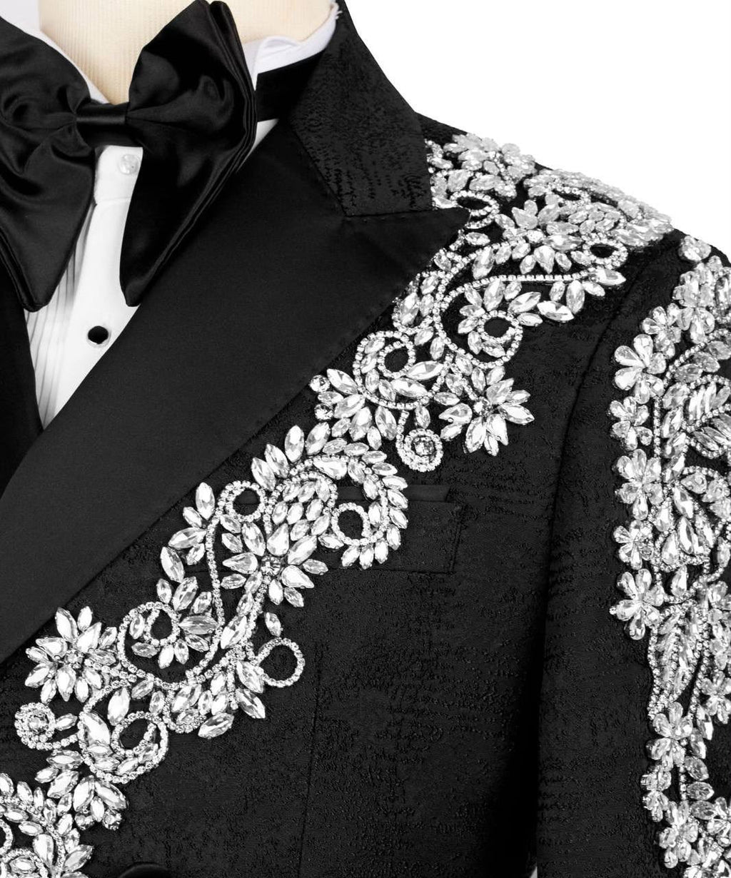 Black tuxedo with white floral embroidery