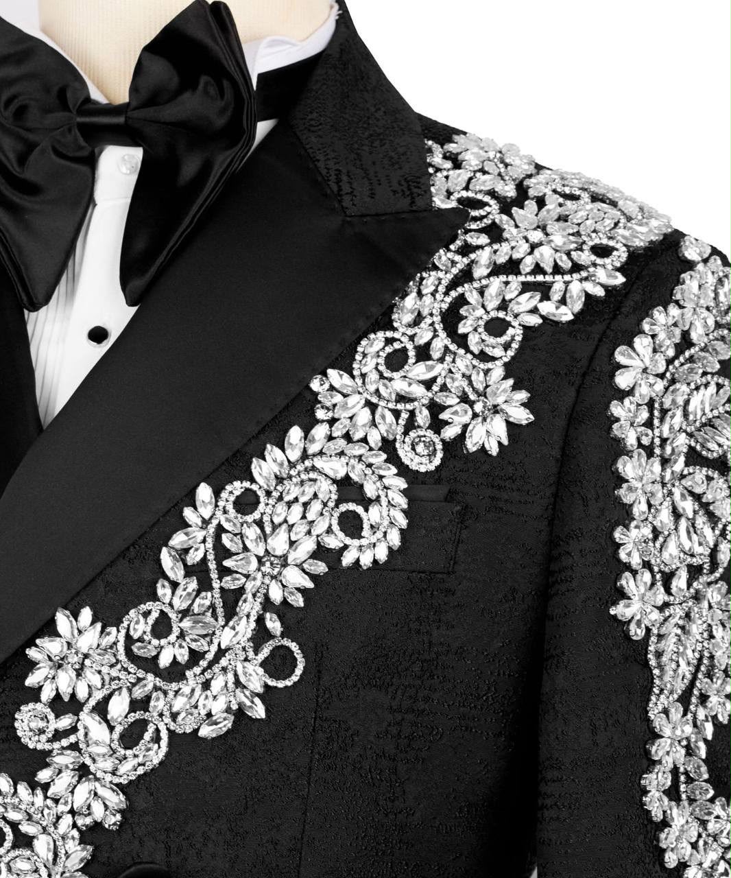 Black tuxedo with white floral embroidery