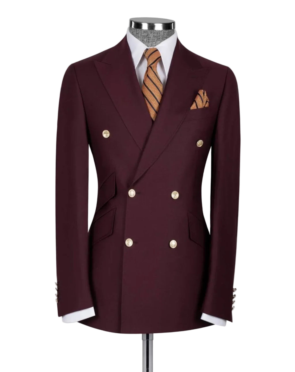 Maroon double-breasted suit jacket on a mannequin