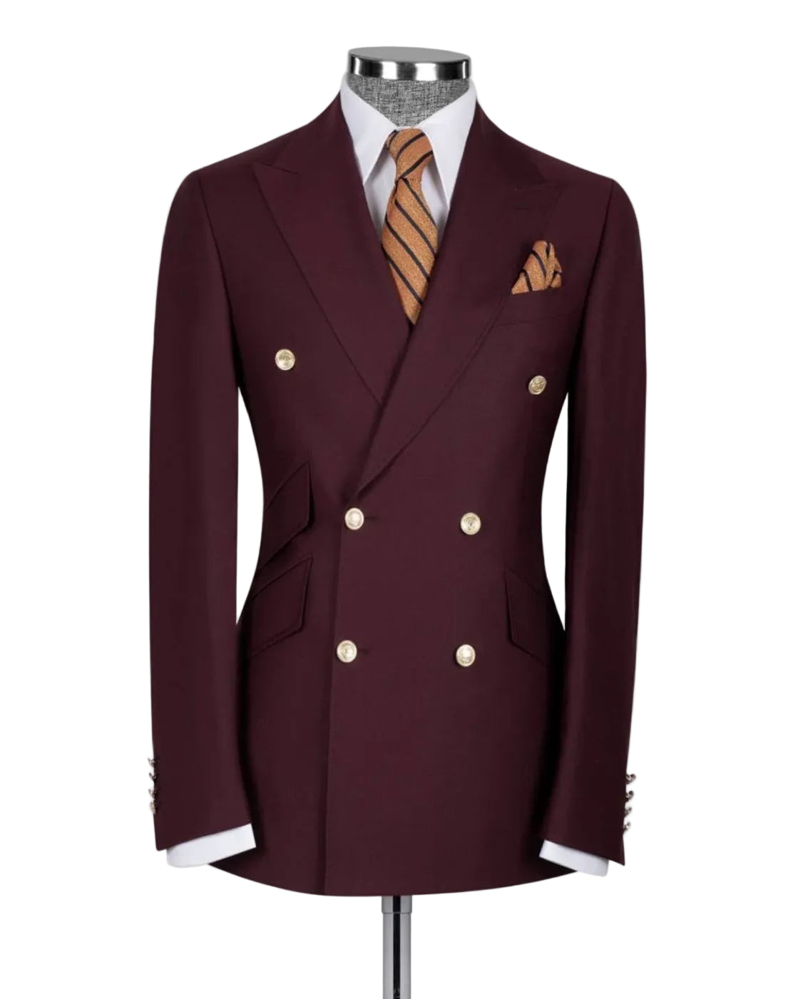 Maroon double-breasted suit jacket on a mannequin