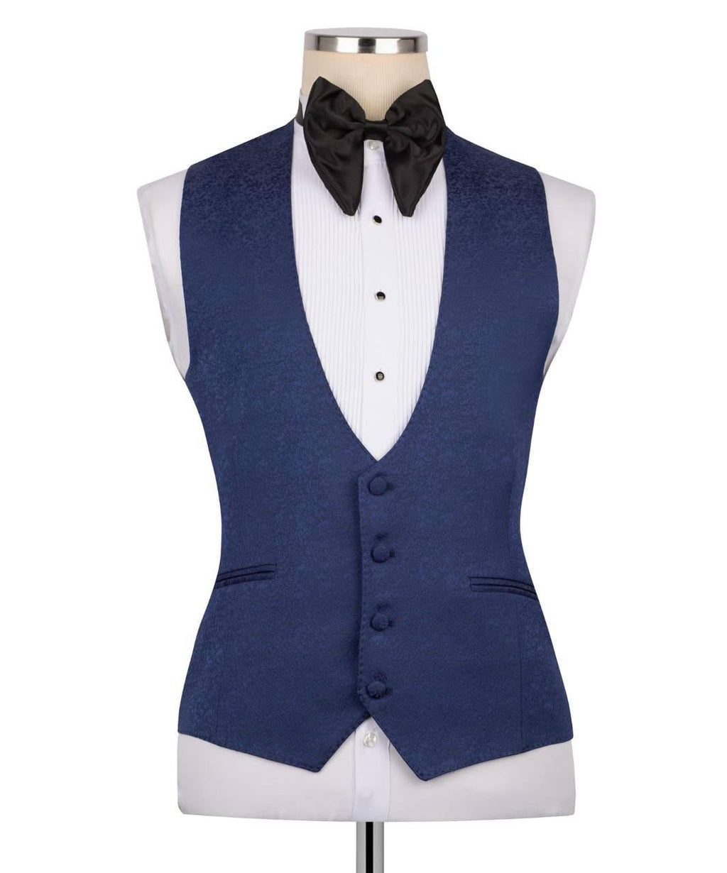 Blue vest with black bow tie on a mannequin against a white background