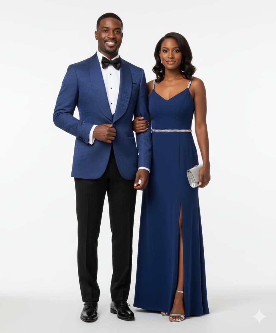 A man and a woman posing in formal eveningwear against a light gray studio background. The man wears a blue textured tuxedo jacket with black trousers, a white dress shirt, and a black bow tie.