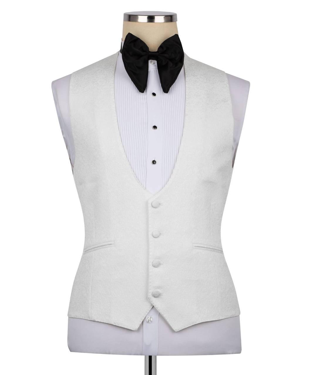 A white tuxedo vest displayed on a mannequin torso, styled with a white pinstriped shirt, a black bow tie, and a black bowler hat against a plain white background.