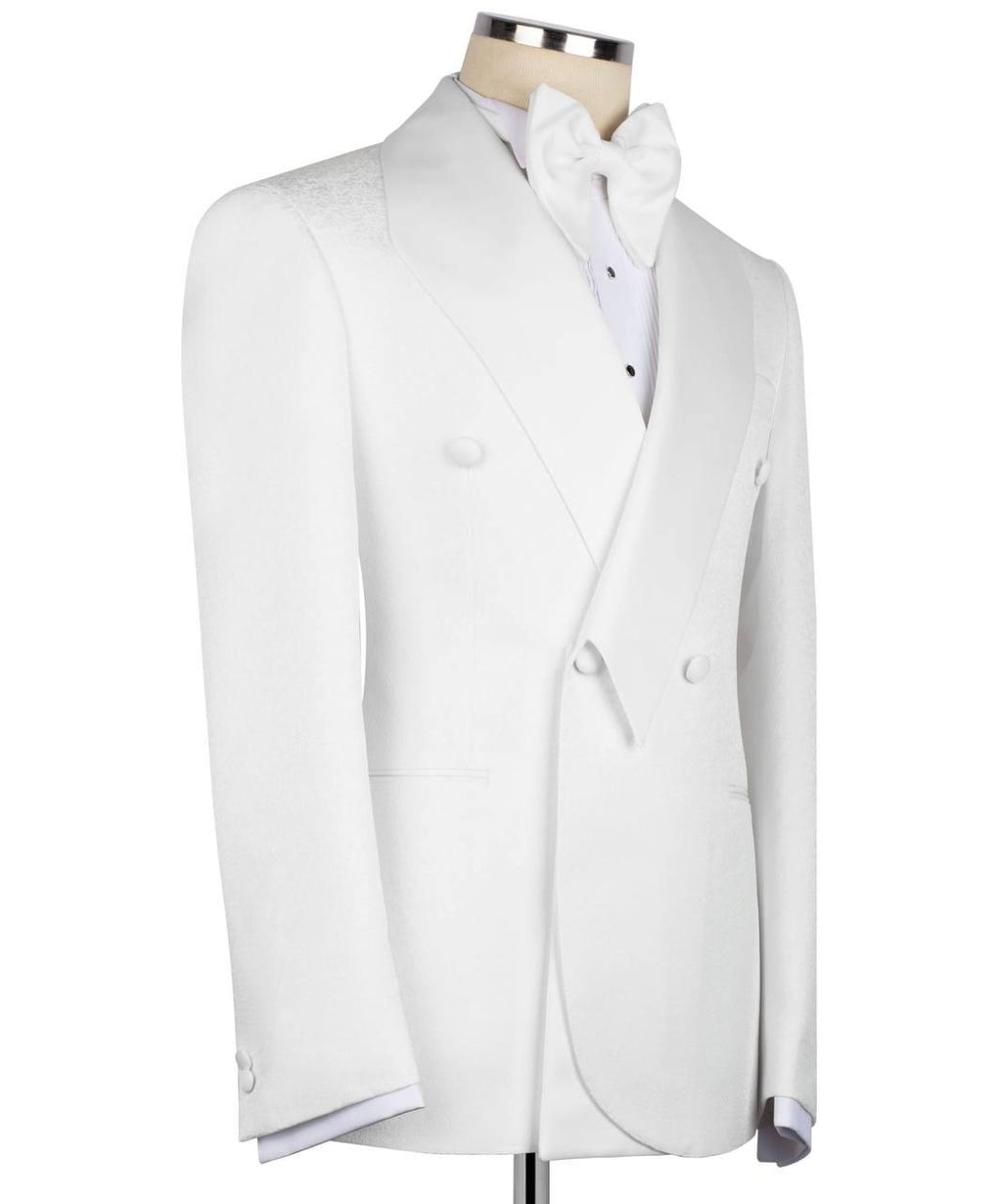 White tuxedo jacket on a mannequin against a white background