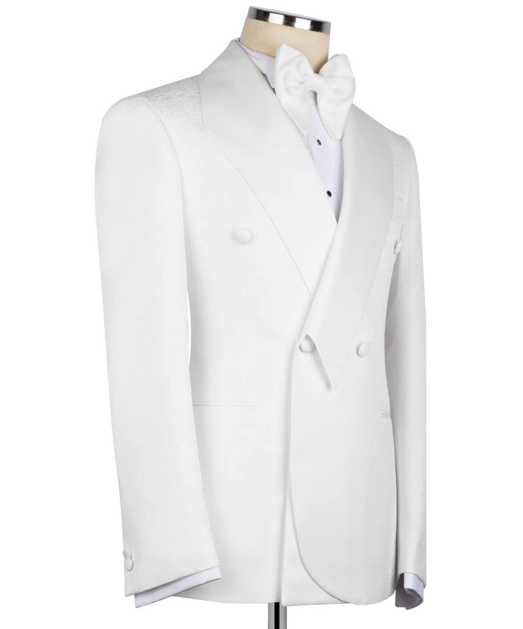 White tuxedo jacket on a mannequin against a white background