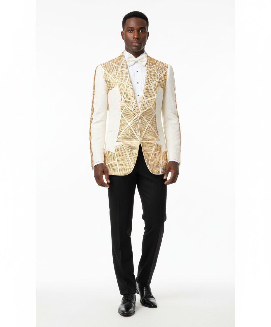 A man modeling a white and gold patterned formal jacket with a white shirt, white bow tie, and black trousers against a plain white background.