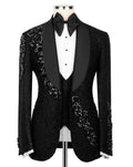 Black tuxedo with sequin details on a mannequin against a white background