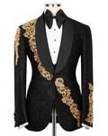 Black tuxedo with gold embroidery on a mannequin against a white background