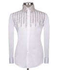 White formal button-down shirt with silver stone/seed bead fringe embroidery