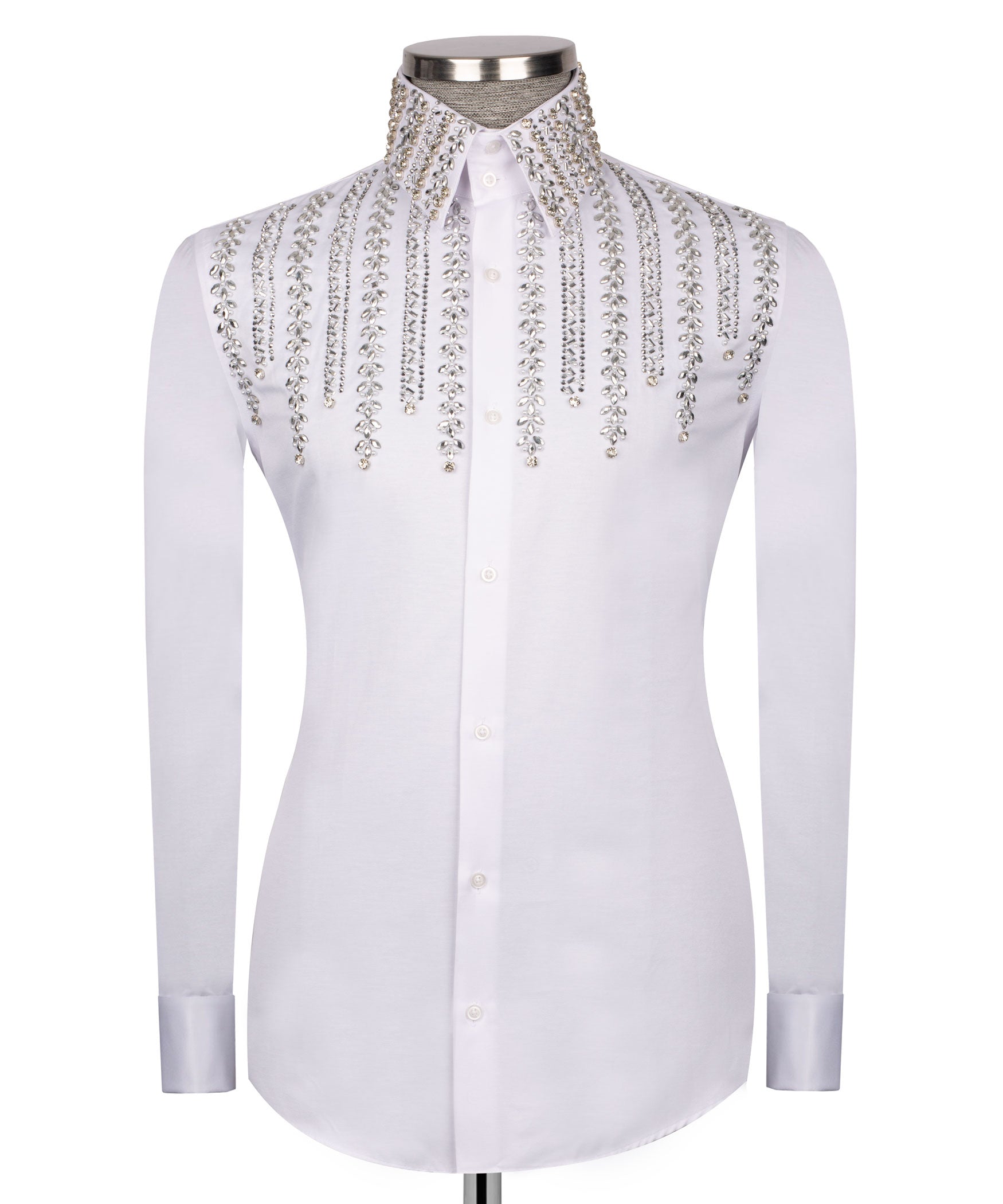 White formal button-down shirt with silver stone/seed bead fringe embroidery