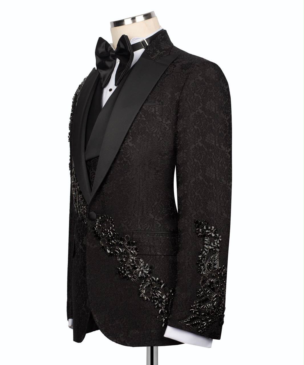 Black Sequin Embroidered Peak Lapel Tuxedo