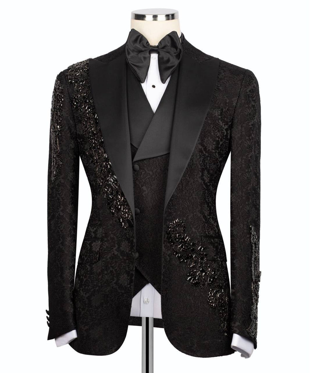 Black Sequin Embroidered Peak Lapel Tuxedo