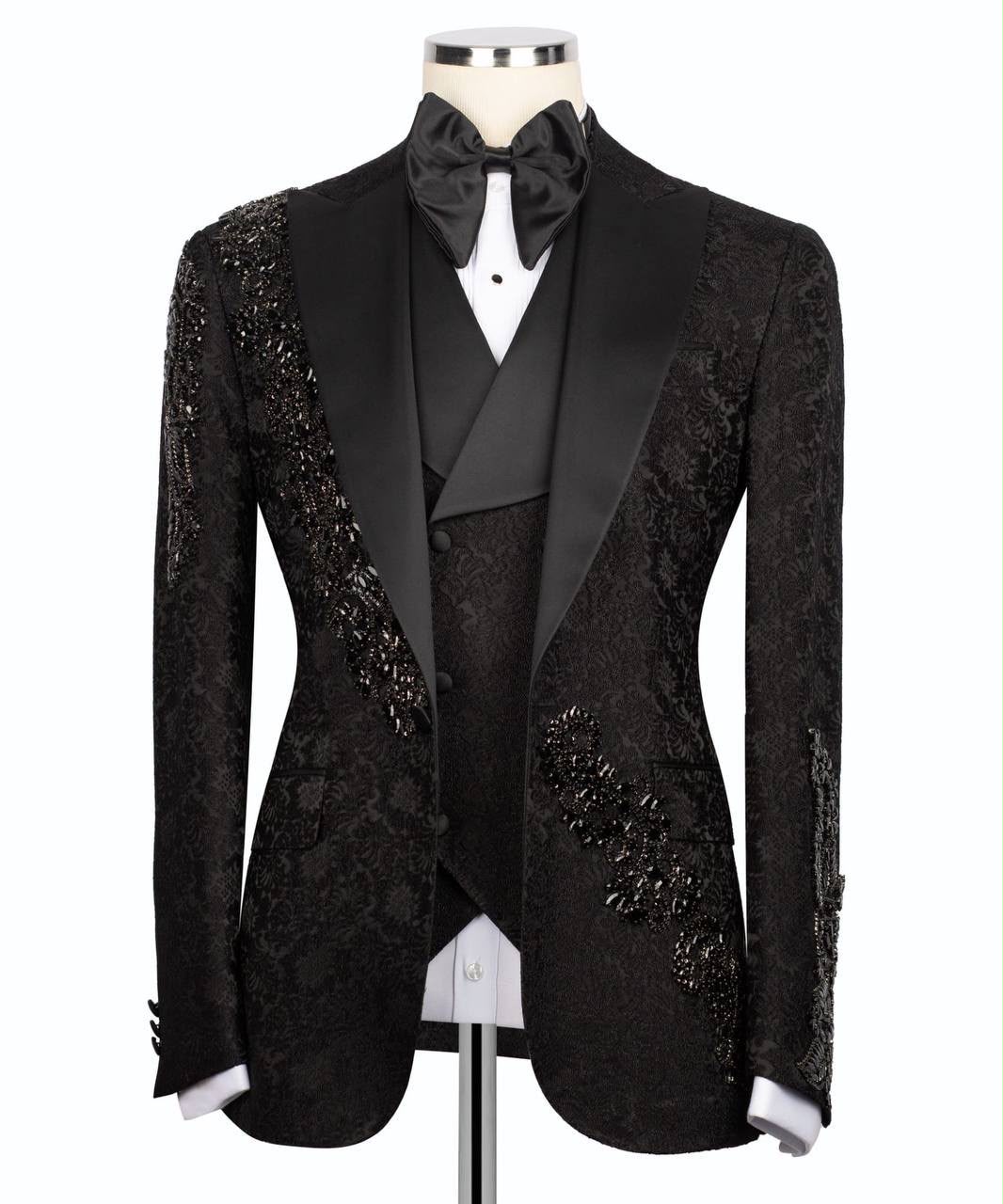 Black Sequin Embroidered Peak Lapel Tuxedo