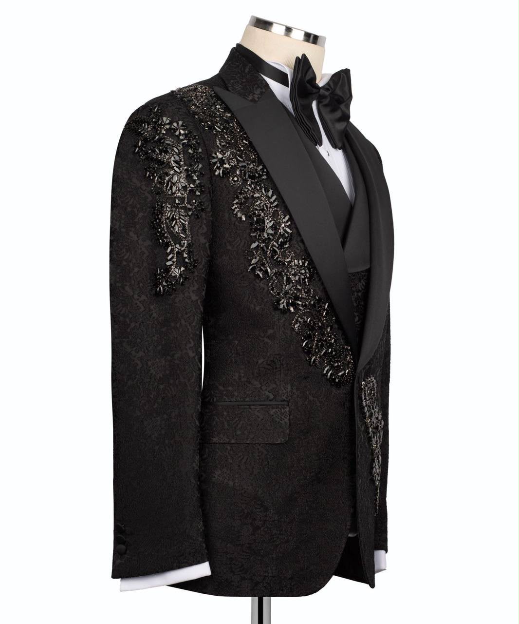 Black Sequin Embroidered Peak Lapel Tuxedo