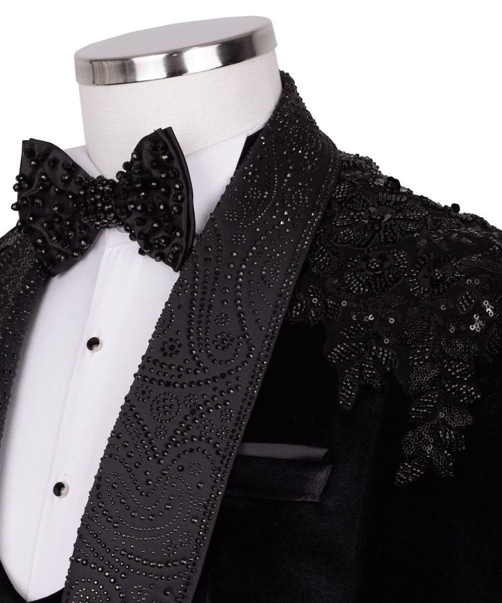 Black Luxury Embellished Evening Tuxedo – Modern Fit Shawl Lapel Suit