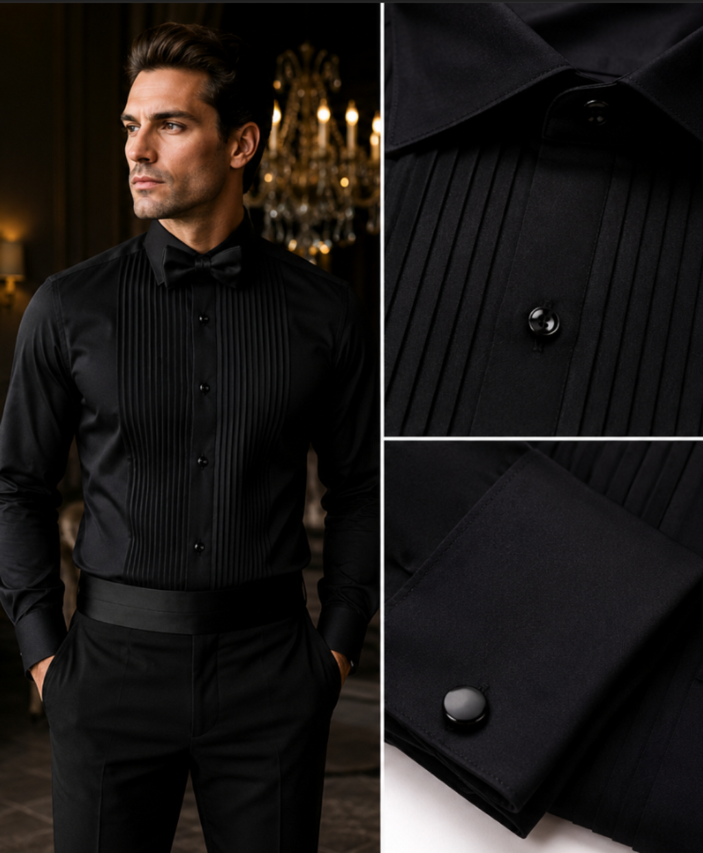 Front view of the Koss Atelier tailored black pleated tuxedo shirt with black stud buttons and French cuffs.