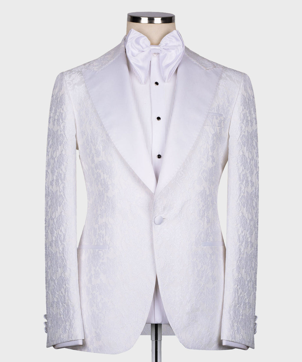 White tuxedo three-piece suit set: pointed-collar jacket, waistcoat front, button details
