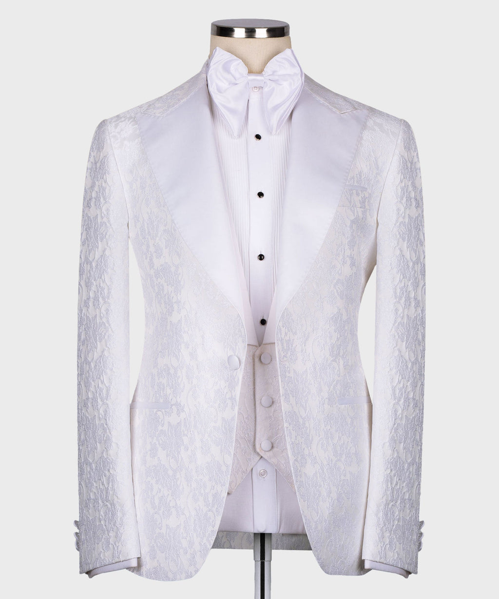 White pointed-collar tuxedo jacket with matching waistcoat and bow tie, three-piece set