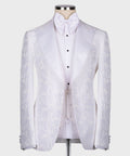 White pointed-collar tuxedo jacket with matching waistcoat and bow tie, three-piece set