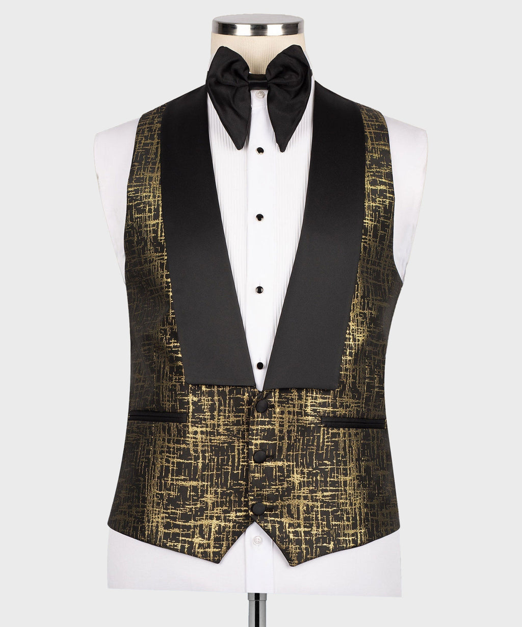 3-piece tuxedo set: black waistcoat over gold patterned vest, white shirt, bow tie