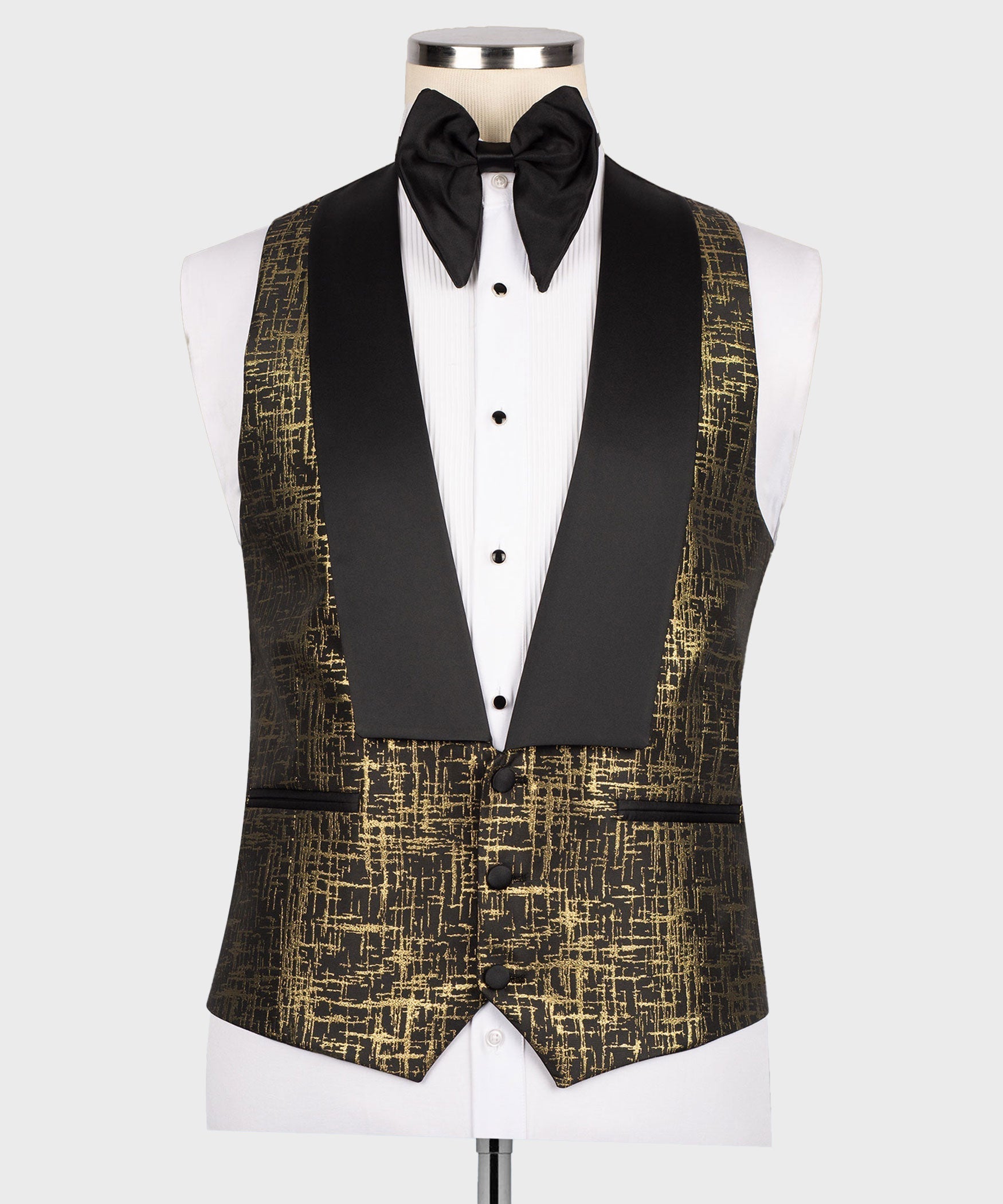 3-piece tuxedo set: black waistcoat over gold patterned vest, white shirt, bow tie
