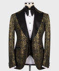 Gold textured tuxedo jacket with black satin lapels, white dress shirt, black bow tie