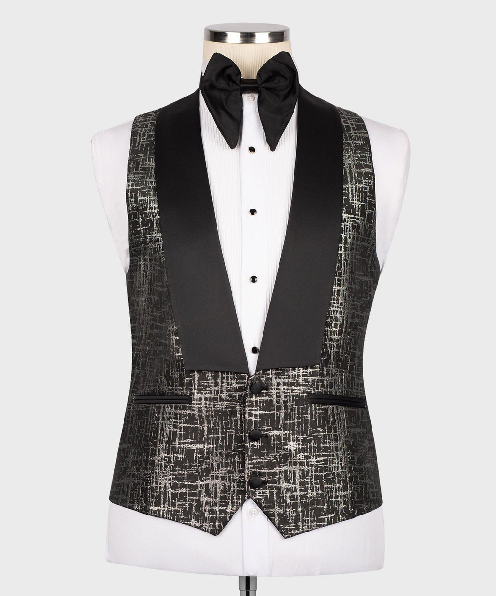 Tuxedo vest and jacket set with black bow tie and distressed patterned fabric