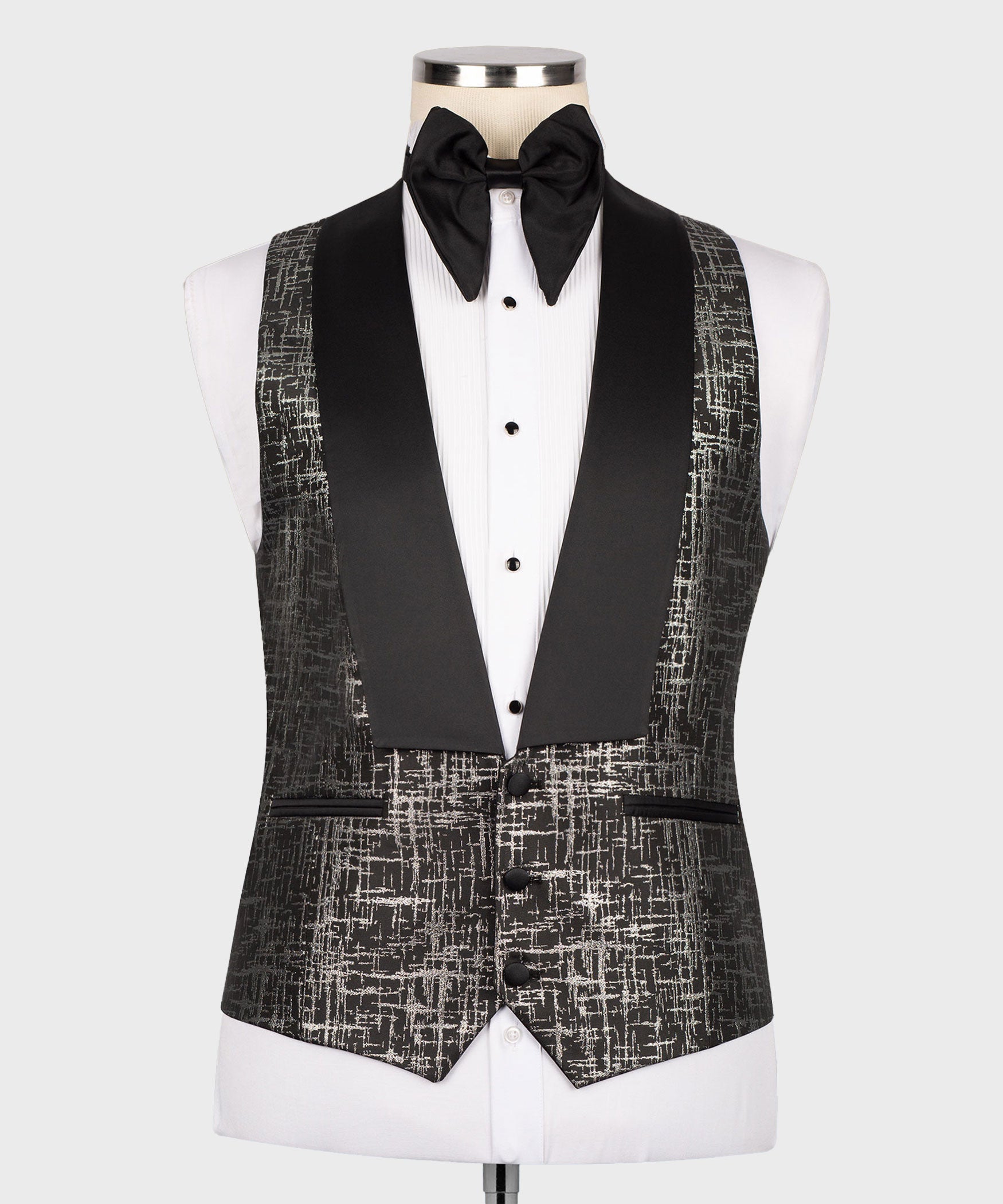 Tuxedo vest and jacket set with black bow tie and distressed patterned fabric