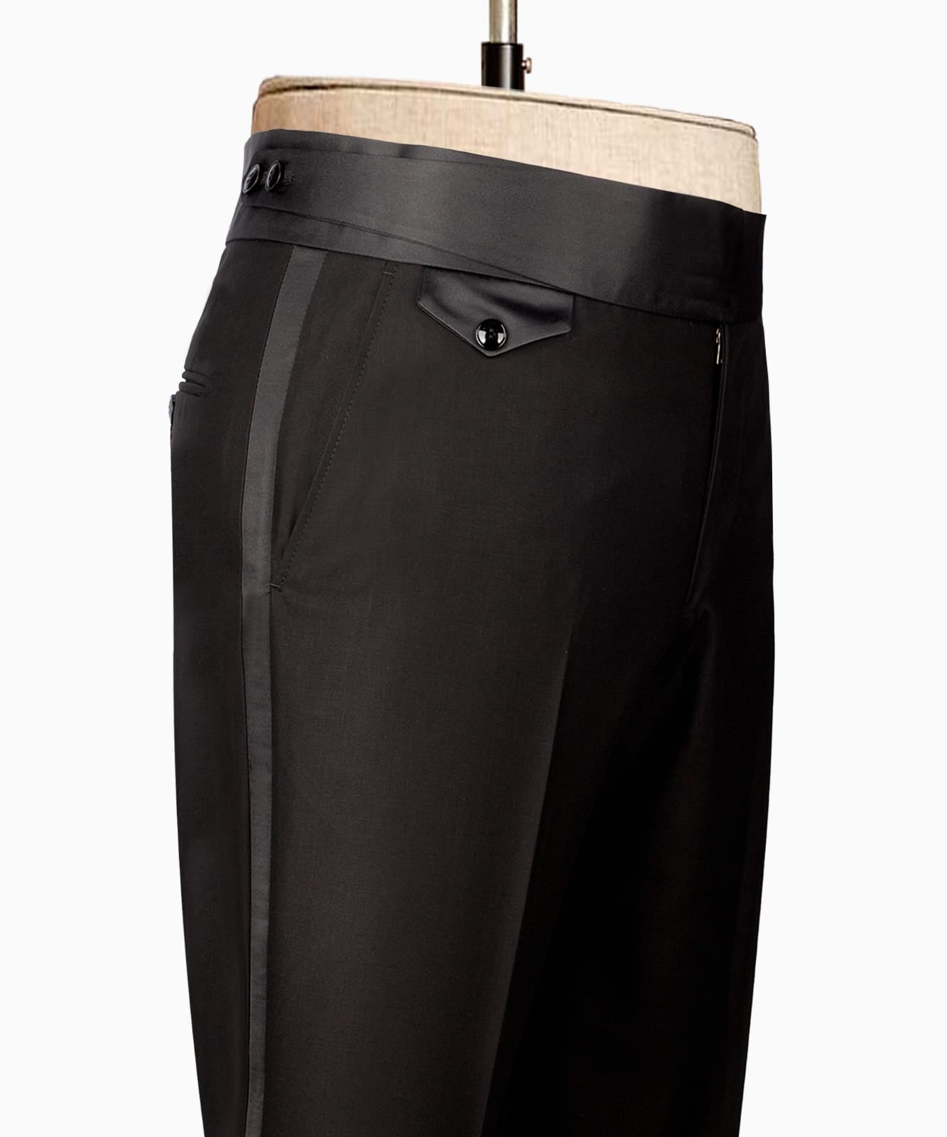 Black tuxedo trousers with flat-front waistband and belt loops