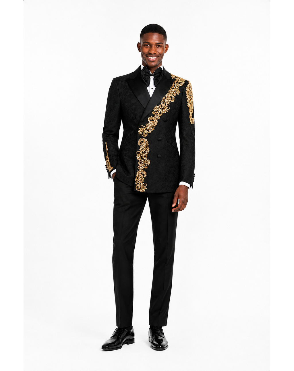 Men's Black Peak Lapel Tuxedo – Custom Hand-Beaded Gold Stone