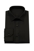 Front view of the Koss Atelier tailored black pleated tuxedo shirt with black stud buttons and French cuffs.