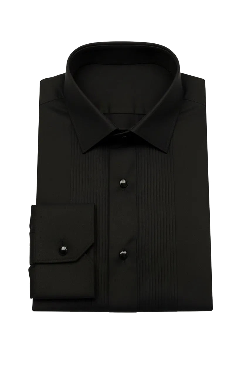Front view of the Koss Atelier tailored black pleated tuxedo shirt with black stud buttons and French cuffs.